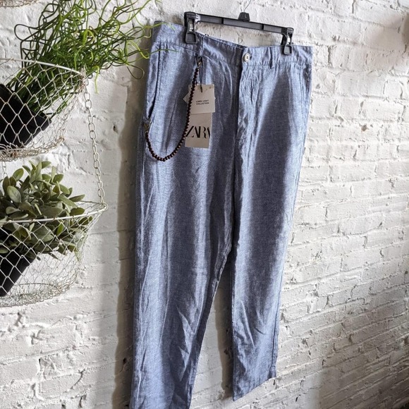 Zara Men Minimalist Linen Knit Cornflower Blue Cropped Pants Floods Trousers - Picture 3 of 4